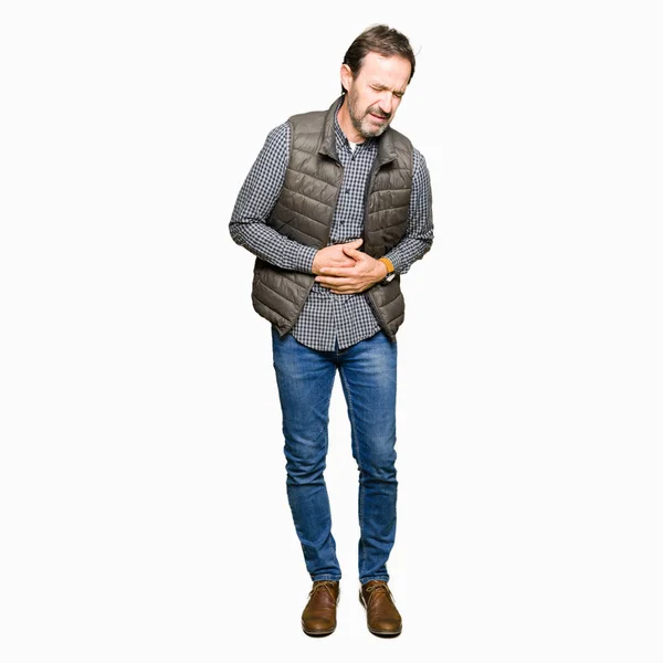Middle Age Handsome Man Wearing Winter Vest Hand Stomach Because — Stock Photo, Image
