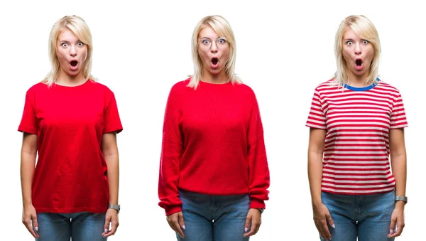 Collage Vackra Blonda Kvinna Som Bär Casual Röd Över Isolerade — Stockfoto