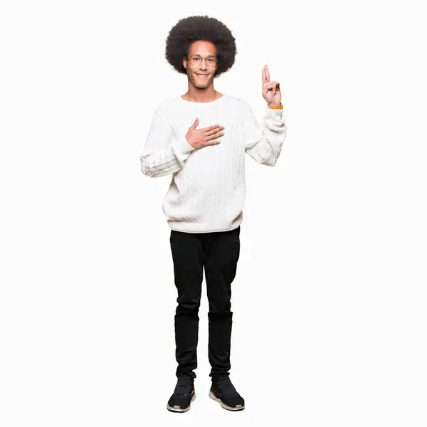 Young African American Man Afro Hair Wearing Glasses Swearing Hand — Stock Photo, Image