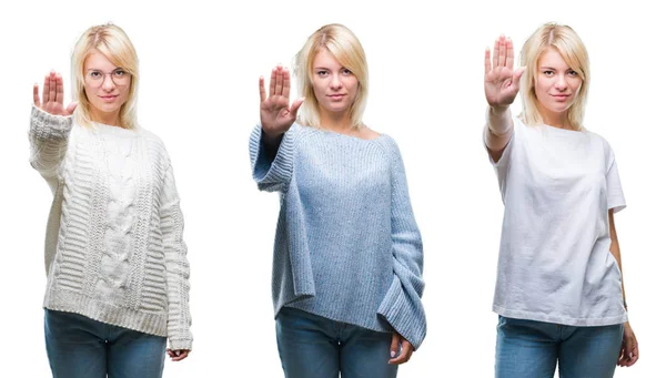 Collage Einer Schönen Blonden Frau Winterpullover Vor Isoliertem Hintergrund Die — Stockfoto