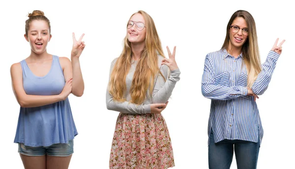 Collage Gruppen Blonda Kvinnor Över Isolerade Bakgrund Leende Med Glada — Stockfoto