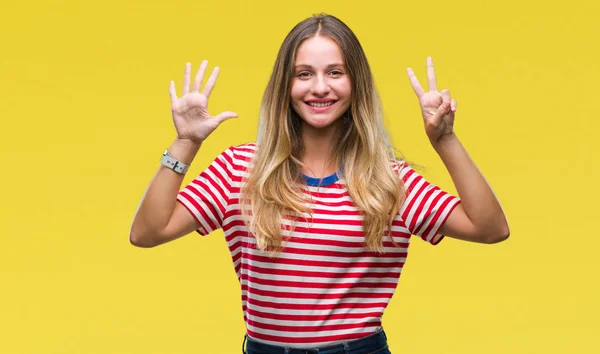 Jonge Mooie Blonde Vrouw Geïsoleerde Achtergrond Weergeven Met Vingers Omhoog — Stockfoto