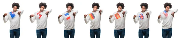 怒った顔 ダウン親指で嫌悪感を示すマイナス記号 拒絶反応の概念と分離の背景の上の国の旗を保持しているアフリカ系アメリカ人の若い男のコラージュ — ストック写真