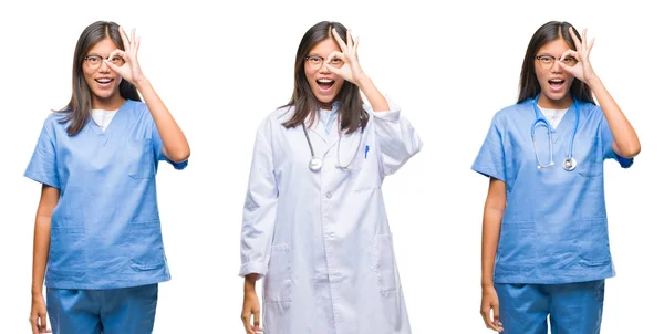 Колаж Азіатського Молодого Лікаря Хірурга Або Медсестри Стоїть Над Білим — стокове фото