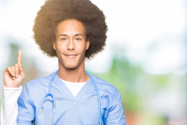 Young African American Doctor Man Afro Hair Showing Pointing Finger — Stock Photo, Image