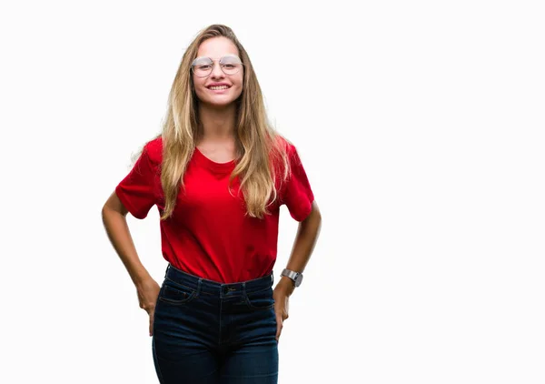 Giovane Bella Donna Bionda Che Indossa Occhiali Sfondo Isolato Con — Foto Stock