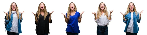 Collage Young Beautiful Blonde Woman Isolated Background Crazy Mad Shouting — Stock Photo, Image
