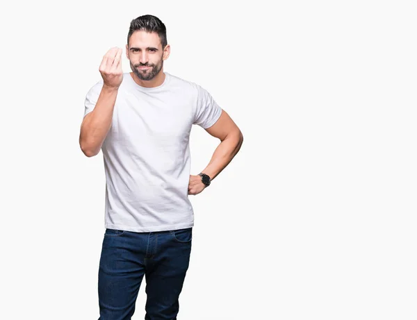 Hombre Guapo Vistiendo Camiseta Blanca Sobre Fondo Blanco Aislado Haciendo — Foto de Stock