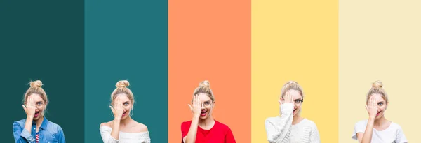 Collage Van Jonge Mooie Blonde Vrouw Geïsoleerde Achtergrond Levendige Kleurrijke — Stockfoto