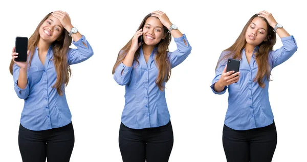 Collage Hermosa Mujer Negocios Joven Utilizando Teléfono Inteligente Sobre Fondo —  Fotos de Stock