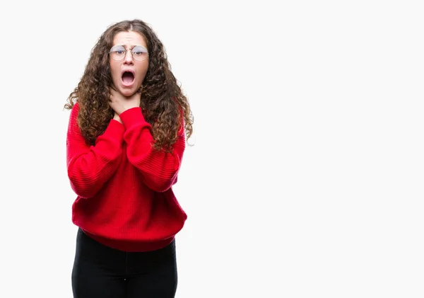 Mooie Brunette Krullend Haar Jong Meisje Dragen Bril Winter Trui — Stockfoto