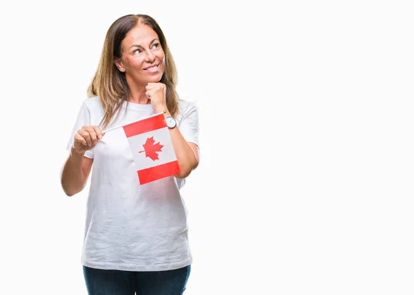 Hispanische Frau Mittleren Alters Mit Kanadischer Fahne Über Isoliertem Hintergrund — Stockfoto