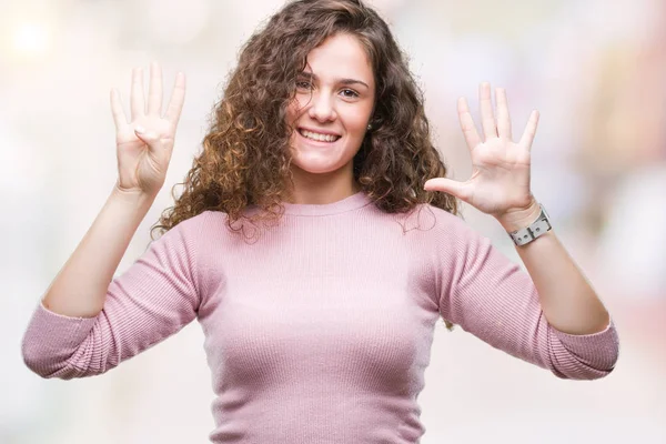 Schöne Brünette Lockige Haare Junges Mädchen Trägt Rosa Pullover Über — Stockfoto