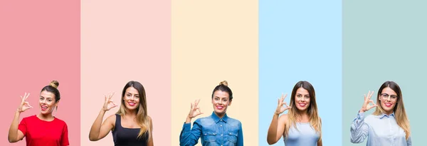 Collage Van Jonge Mooie Vrouw Geïsoleerde Achtergrond Kleurrijke Strepen Glimlachend — Stockfoto