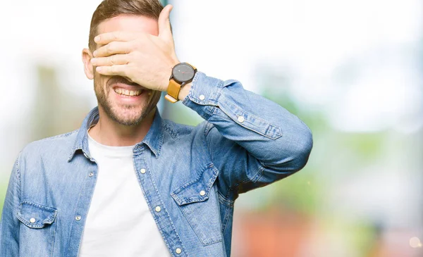 Handsome Man Blue Eyes Beard Wearing Denim Jacket Smiling Laughing — Stock Photo, Image