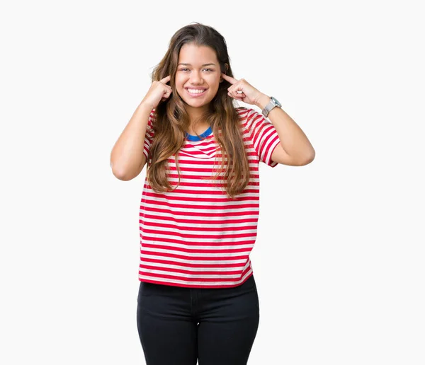 Young Beautiful Brunette Woman Wearing Stripes Shirt Isolated Background Covering — Stock Photo, Image