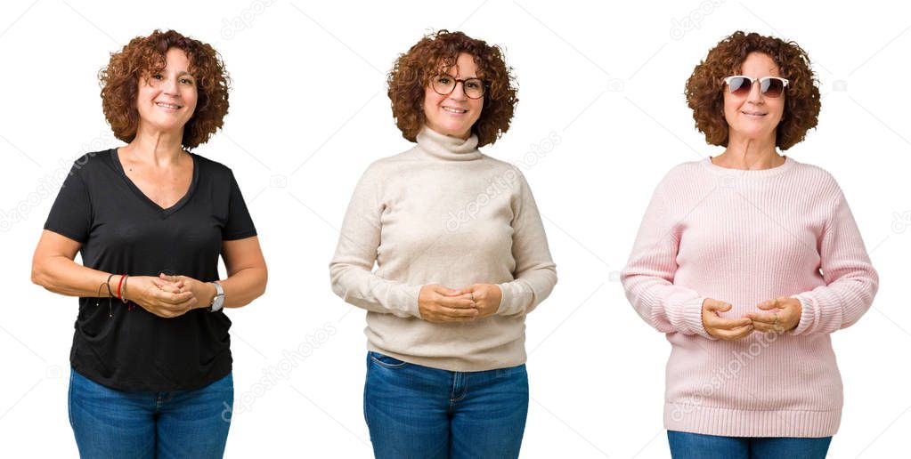 Collage of middle age senior woman over white isolated background Hands together and fingers crossed smiling relaxed and cheerful. Success and optimistic
