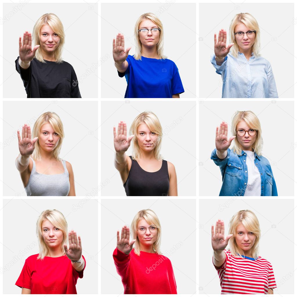 Collage of beautiful blonde woman wearing differents casual looks over isolated background doing stop sing with palm of the hand. Warning expression with negative and serious gesture on the face.