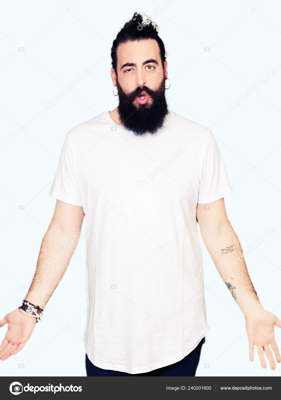 Young Hipster Man Long Hair Beard Wearing Casual White Shirt