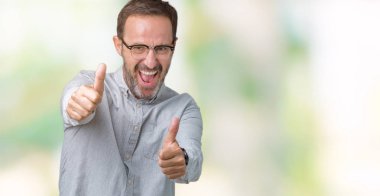 El ile pozitif jest yapıyor onaylama izole arka plan üzerinde gözlük takan yakışıklı orta yaş zarif komuta sizde başparmak gülümseyen ve başarı için mutlu. Kamera, kazanan jest arıyorsunuz.