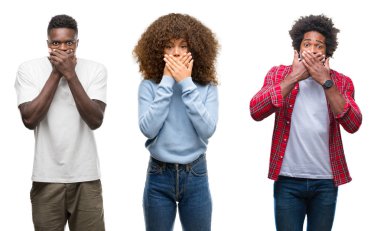Kolaj Afro-Amerikan grup izole arka plan ağız hata için elleriyle kapsayan şok üzerinde insan. Gizli kavramı.