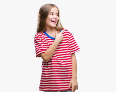 Genç güzel kız yüzünden izole arka neşeli bir gülümseme ile el ve parmak kadar kameraya bakarak yüzündeki mutlu ve doğal ifade ile yan ile işaret eden yüz.