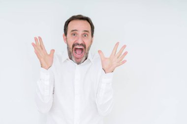 Deli kutluyor ve silah ile başarı için heyecanlı çığlık kaldırdı ve açık gözleri hayret izole arka plan üzerinde zarif komuta sizde. Kazanan kavramı