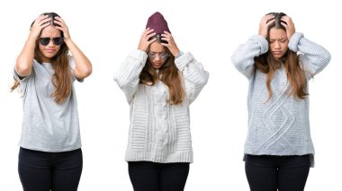 Çünkü çaresiz ve stresli baş ağrısı acı izole arka plan güzel genç kadın kolaj ağrı ve migren. Ellerini kafasına.