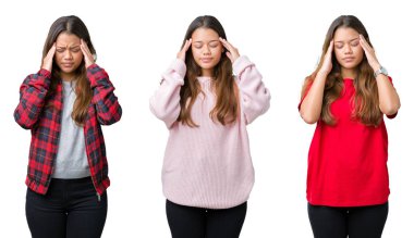 Güzel genç kadın kolaj izole arka plan baş baş ağrısı için el ile çünkü stres. Migren muzdarip.