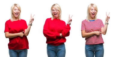 Mutlu yüz zafer işareti yaparken kameraya göz kırpıyor ile gülümseyen izole arka plan üzerinde rahat kırmızı giyen güzel sarışın kadın kolaj. İki numaralı.