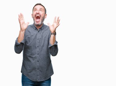 İzole arka plan çılgın ve kızgın bağırarak ve agresif ifade ve silah kaldırdı bağırmaya orta yaş ağarmış komuta sizde. Hayal kırıklığı kavramı.