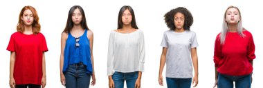 Komik surat ile yanakları şişirme izole arka plan üzerinde güzel Çin, Asya, Afrika kökenli Amerikalı, beyaz kadın grubu kolaj. Ağız ile hava, deli ifade şişirilmiş.