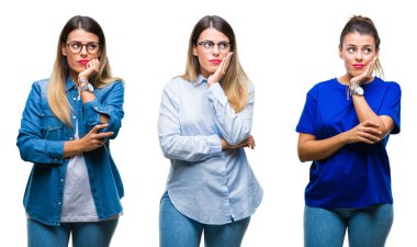 Kolaj üzerinde seyir yorgun ve bıkkın ile depresyon sorun Çapraz kollar ile izole arka plan düşünme gözlüklü genç güzel kadın.