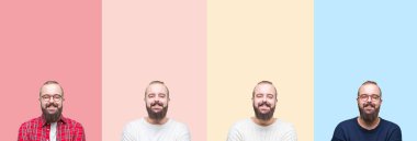 Kolaj üzerinde renkli çizgili sakallı genç adam bir arka plan ile gülümseyen mutlu yüz kameraya seyir silah geçti izole. Olumlu bir kişi.