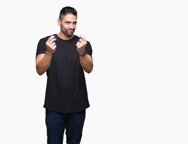 Maaş ödeme için milyoner iş soran izole arka plan yapıyor para hareketi el ile genç yakışıklı adam