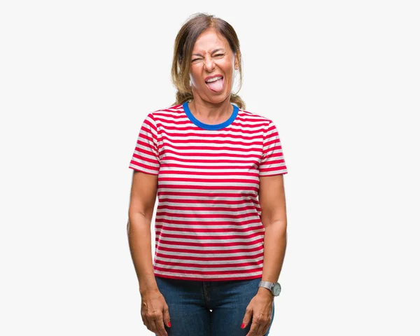 Middle Age Senior Hispanic Woman Isolated Background Sticking Tongue Out — Stock Photo, Image