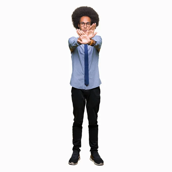 Young African American Business Man Afro Hair Wearing Glasses Rejection — Stock Photo, Image