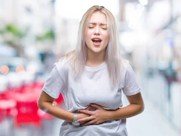 Junge Blonde Frau Über Isolierten Hintergrund Mit Der Hand Auf — Stockfoto