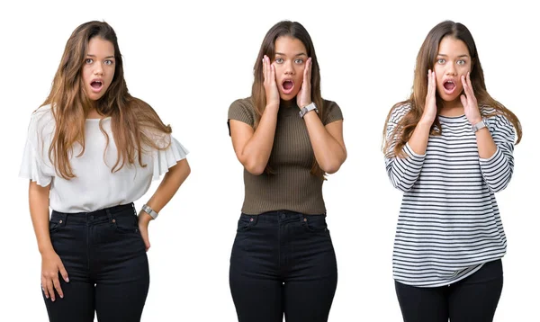 Collage Hermosa Mujer Joven Sobre Fondo Aislado Asustado Sorprendido Con —  Fotos de Stock