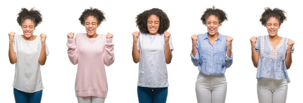 非洲美国妇女的拼贴画在孤立的背景兴奋为成功与胳膊上升庆祝胜利微笑 优胜者概念 — 图库照片