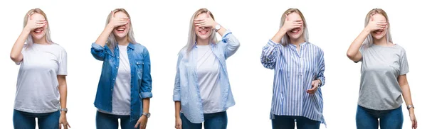 Collage Einer Schönen Blonden Jungen Frau Vor Isoliertem Hintergrund Die — Stockfoto