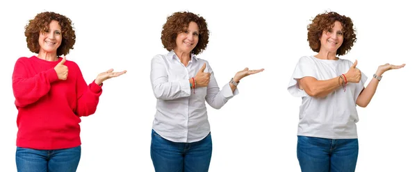 Collage Mujer Mayor Mediana Edad Sobre Fondo Blanco Aislado Mostrando — Foto de Stock