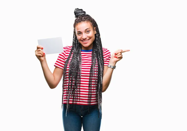 Młoda Dziewczyna African American Gospodarstwa Puste Karty Białym Tle Bardzo — Zdjęcie stockowe