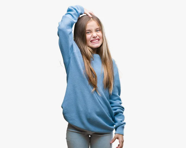 Młode Piękne Dziewczyny Noszenia Sweter Zimowy Białym Tle Mylić Zastanawiam — Zdjęcie stockowe