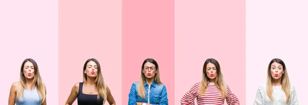 Collage Young Beautiful Woman Pink Stripes Isolated Background Puffing Cheeks — Stock Photo, Image