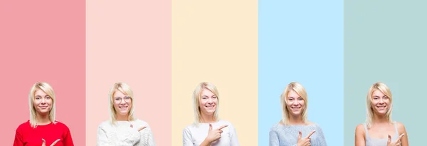Collage Van Mooie Blonde Vrouw Kleurrijke Strepen Geïsoleerde Achtergrond Vrolijke — Stockfoto