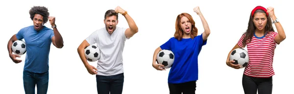 Colagem Pessoas Segurando Bola Futebol Sobre Fundo Isolado Irritado Frustrado — Fotografia de Stock