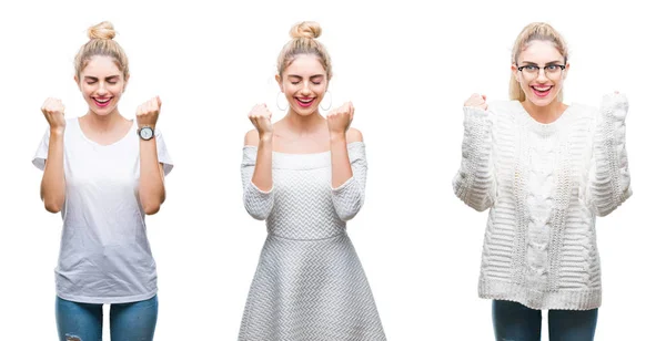 Collage Van Jonge Mooie Blonde Vrouw Witte Geïsoleerde Achtergrond Enthousiast — Stockfoto