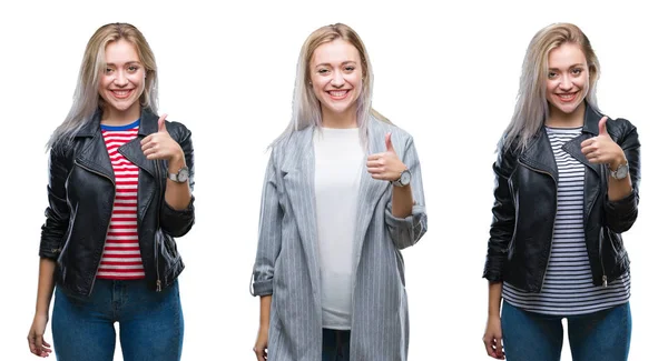 Collage Beautiful Blonde Young Woman Wearing Jacket Isolated Background Doing — Stock Photo, Image