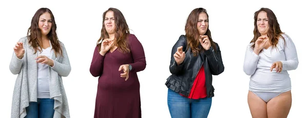 Collage Vackra Size Kvinna Över Isolerade Bakgrund Äcklade Uttryck Missnöjd — Stockfoto